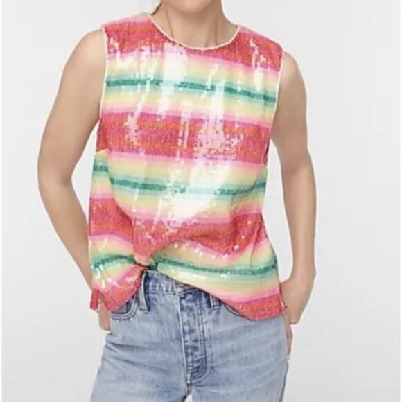 J.Crew Sleeveless top in watermelon-stripe sequins Red Green Multi Small NEW - Picture 1 of 12